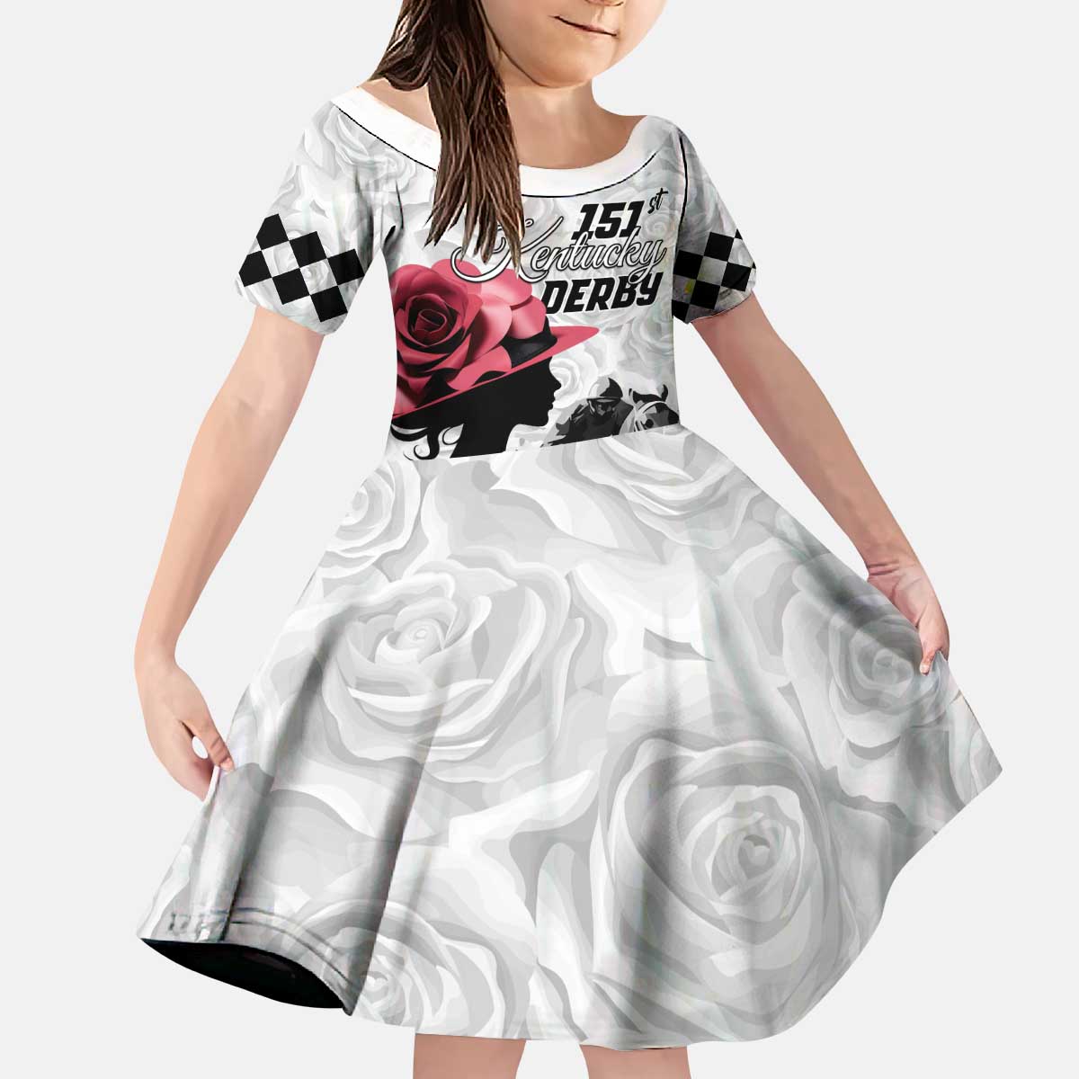 Kentucky Horse Racing Happy 151st Anniversary Kid Short Sleeve Dress Silhouette Girl Derby Hat With Rose LT01