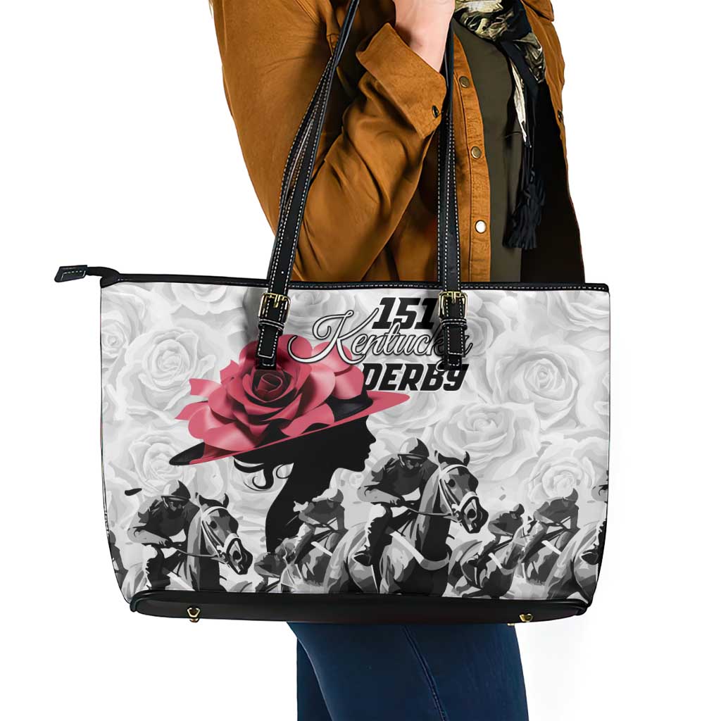 Kentucky Horse Racing Happy 151st Anniversary Leather Tote Bag Silhouette Girl Derby Hat With Rose LT01