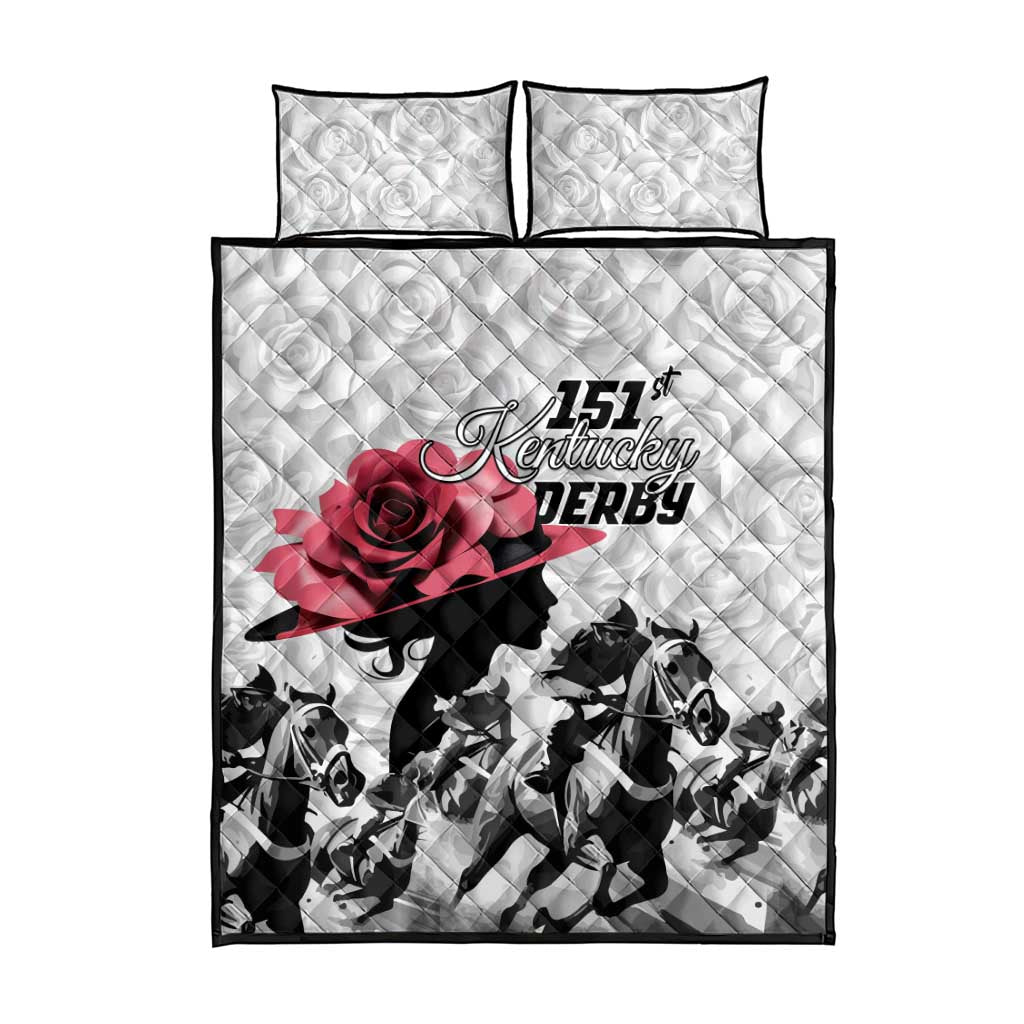 Kentucky Horse Racing Happy 151st Anniversary Quilt Bed Set Silhouette Girl Derby Hat With Rose LT01