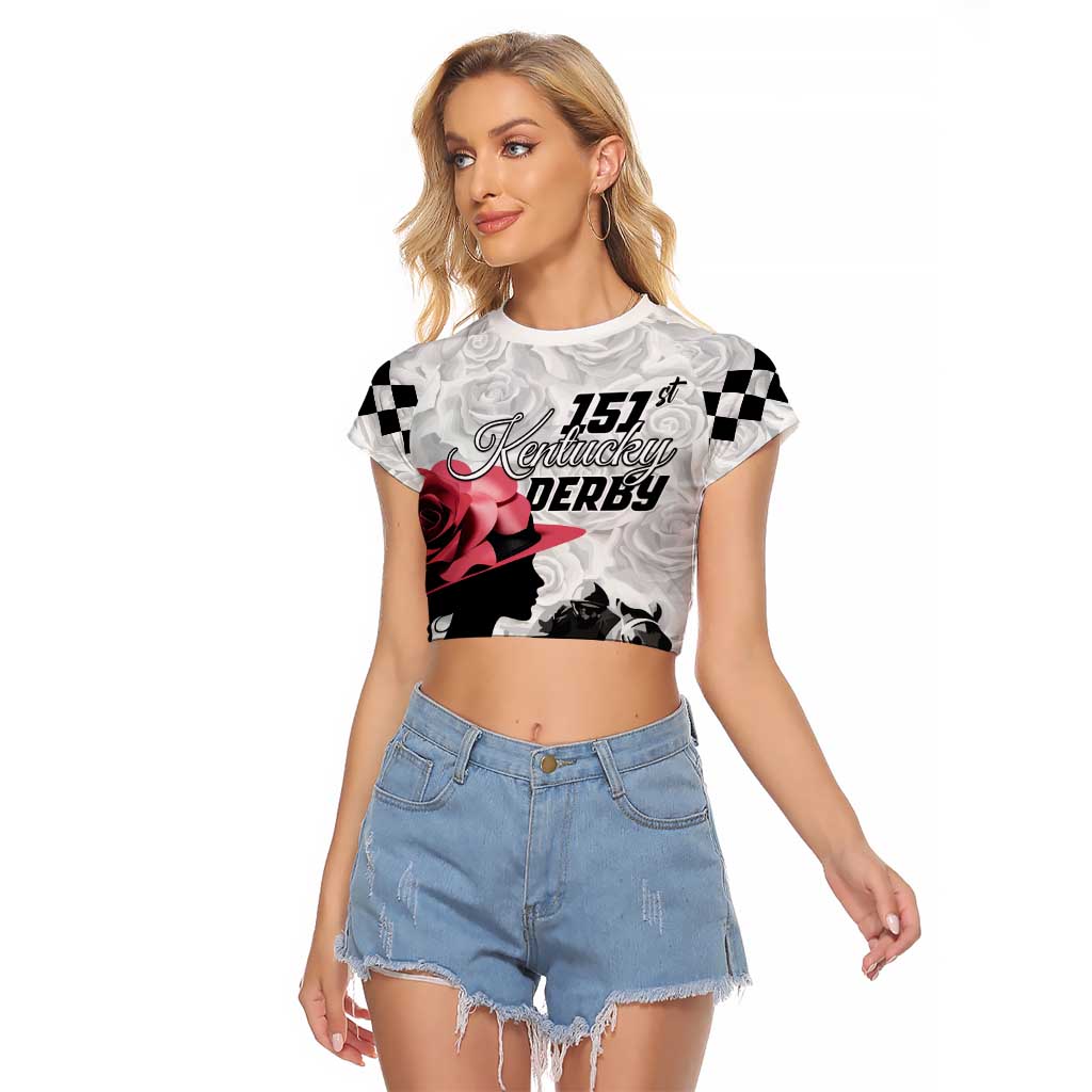 Kentucky Horse Racing Happy 151st Anniversary Raglan Cropped T Shirt Silhouette Girl Derby Hat With Rose LT01