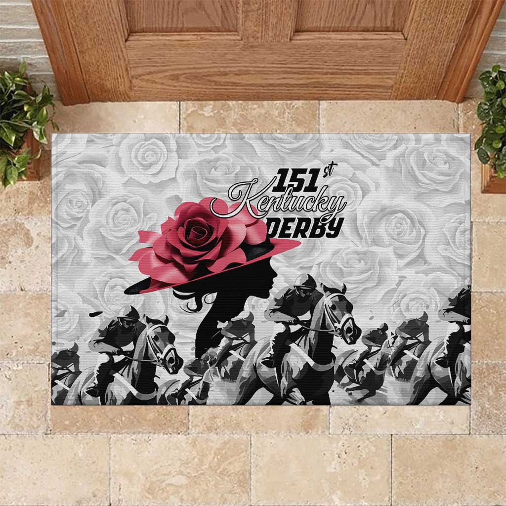 Kentucky Horse Racing Happy 151st Anniversary Rubber Doormat Silhouette Girl Derby Hat With Rose LT01