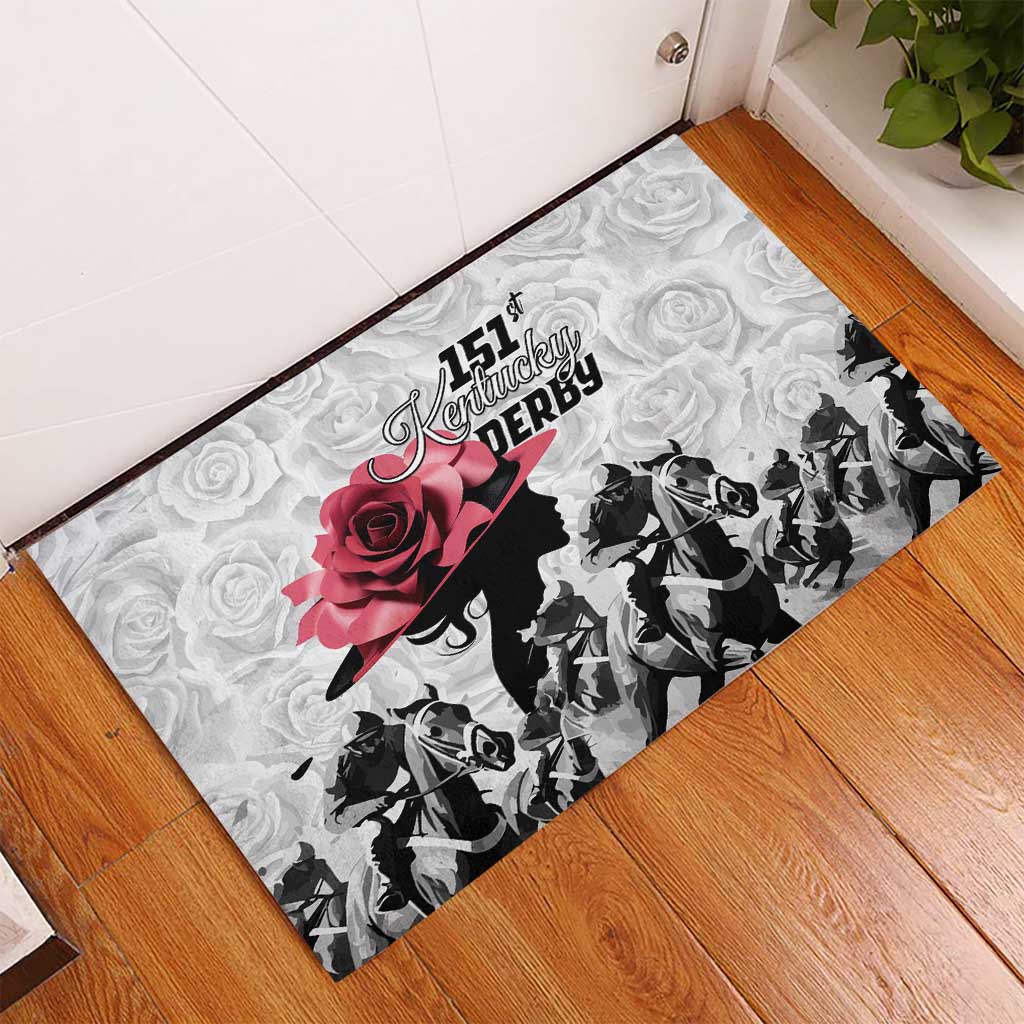 Kentucky Horse Racing Happy 151st Anniversary Rubber Doormat Silhouette Girl Derby Hat With Rose LT01