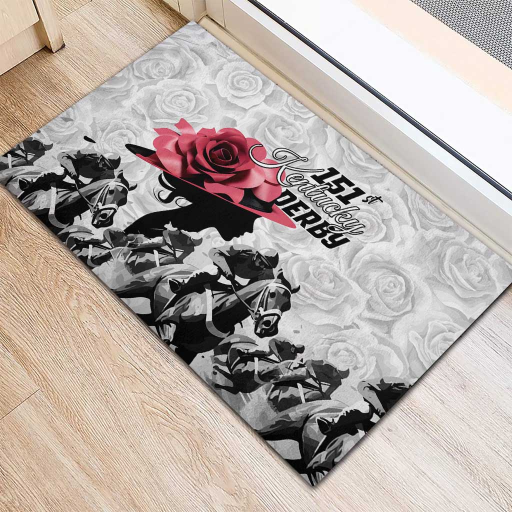 Kentucky Horse Racing Happy 151st Anniversary Rubber Doormat Silhouette Girl Derby Hat With Rose LT01