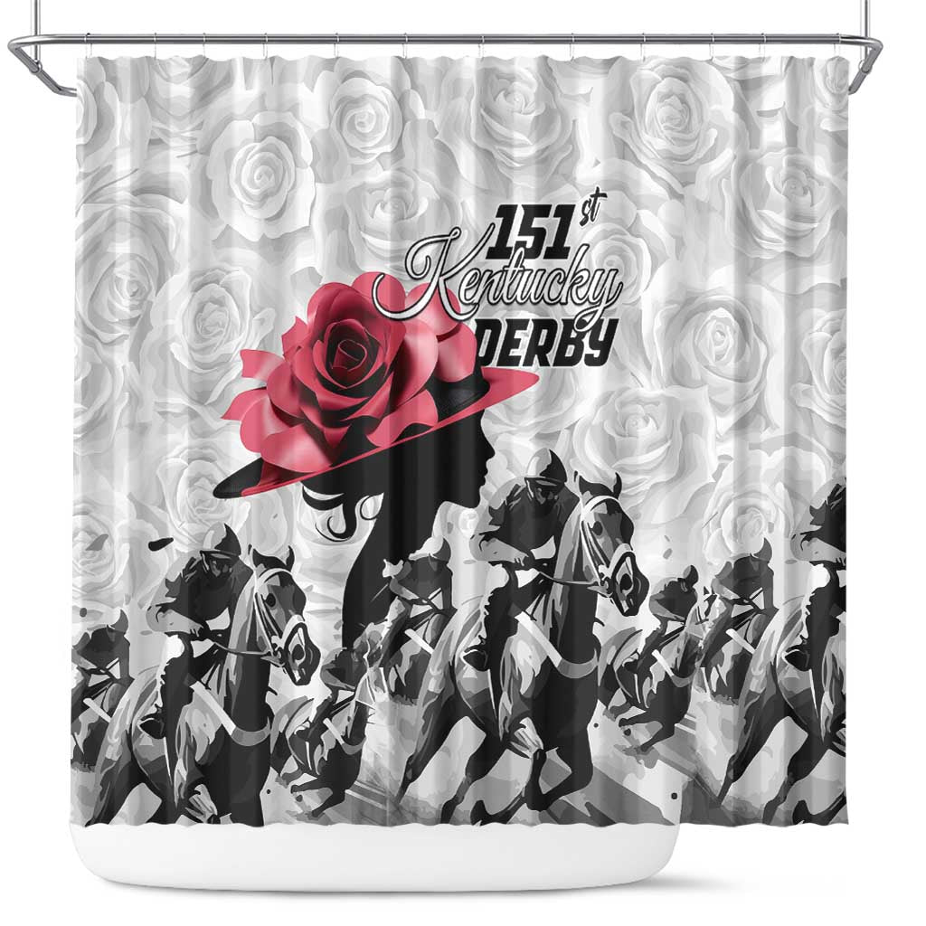 Kentucky Horse Racing Happy 151st Anniversary Shower Curtain Silhouette Girl Derby Hat With Rose LT01