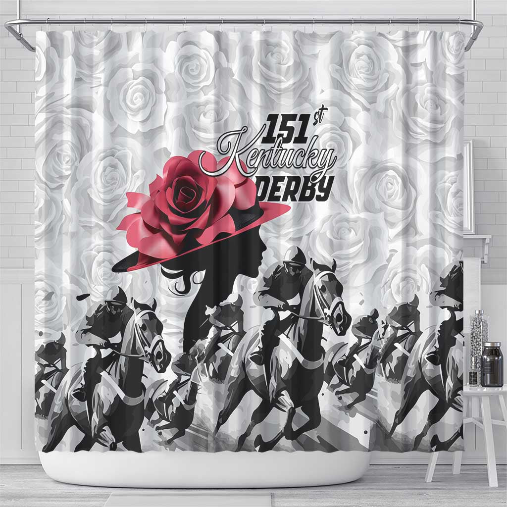 Kentucky Horse Racing Happy 151st Anniversary Shower Curtain Silhouette Girl Derby Hat With Rose LT01
