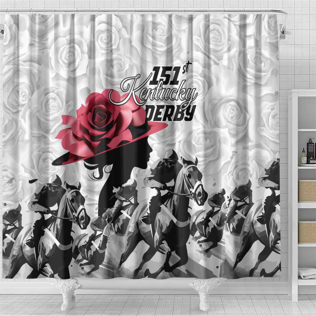 Kentucky Horse Racing Happy 151st Anniversary Shower Curtain Silhouette Girl Derby Hat With Rose LT01