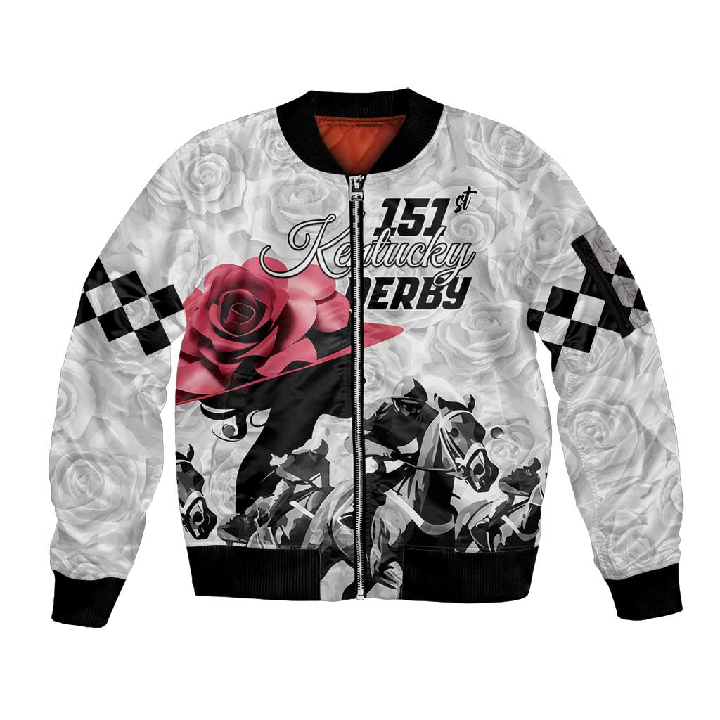 Kentucky Horse Racing Happy 151st Anniversary Sleeve Zip Bomber Jacket Silhouette Girl Derby Hat With Rose LT01