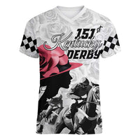Kentucky Horse Racing Happy 151st Anniversary Women V Neck T Shirt Silhouette Girl Derby Hat With Rose LT01