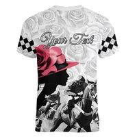 Kentucky Horse Racing Happy 151st Anniversary Women V Neck T Shirt Silhouette Girl Derby Hat With Rose LT01