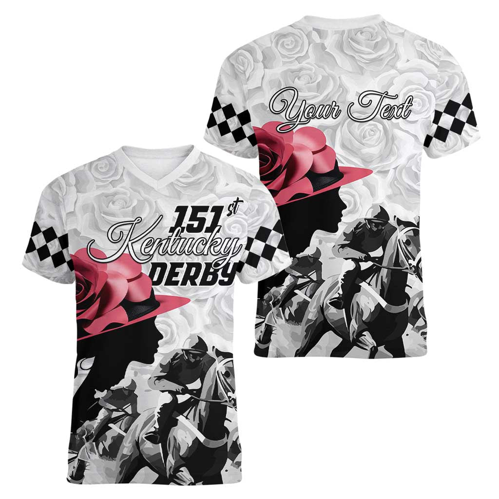 Kentucky Horse Racing Happy 151st Anniversary Women V Neck T Shirt Silhouette Girl Derby Hat With Rose LT01