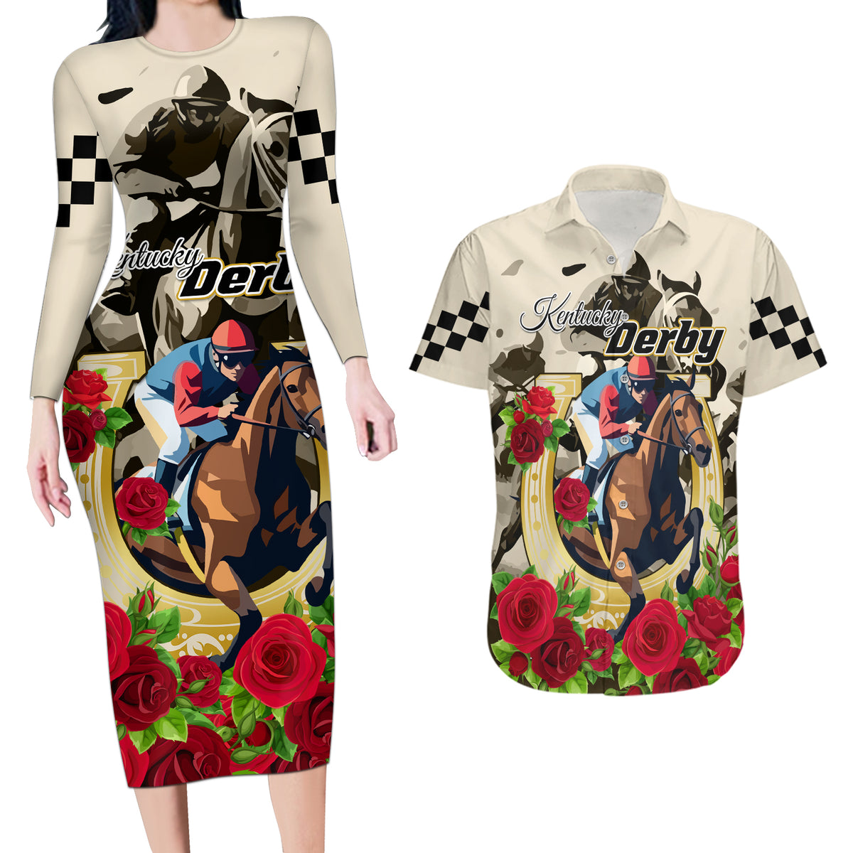 Kentucky Horse Racing Couples Matching Long Sleeve Bodycon Dress and Hawaiian Shirt The Run for the Roses - Wonder Print Shop