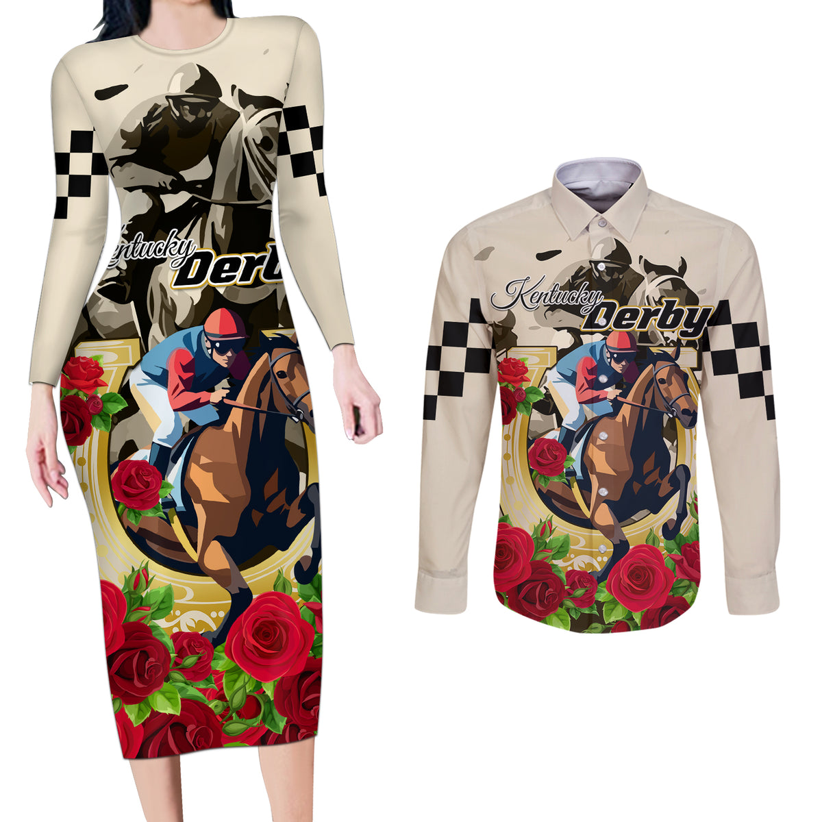Kentucky Horse Racing Couples Matching Long Sleeve Bodycon Dress and Long Sleeve Button Shirt The Run for the Roses - Wonder Print Shop