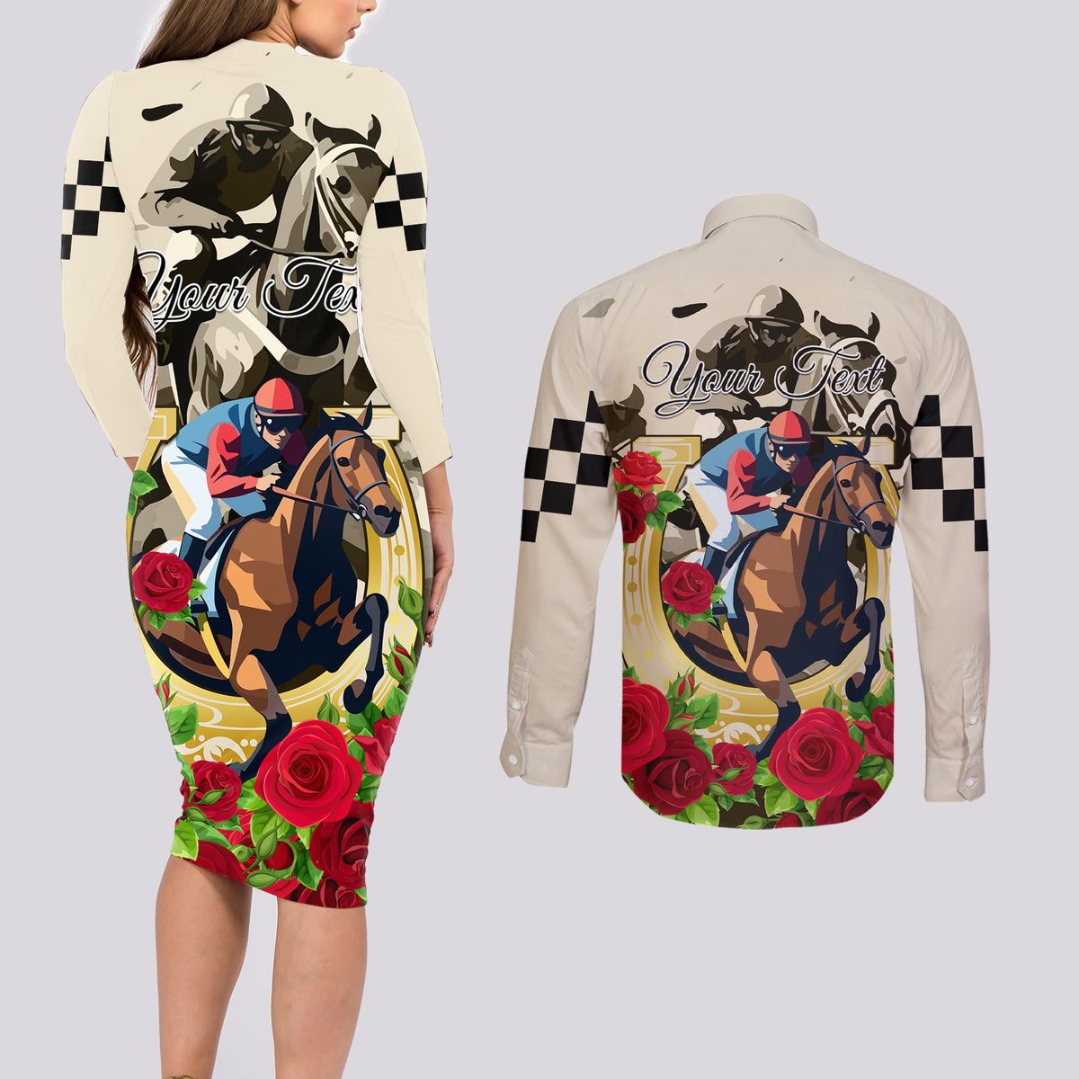 Kentucky Horse Racing Couples Matching Long Sleeve Bodycon Dress and Long Sleeve Button Shirt The Run for the Roses - Wonder Print Shop
