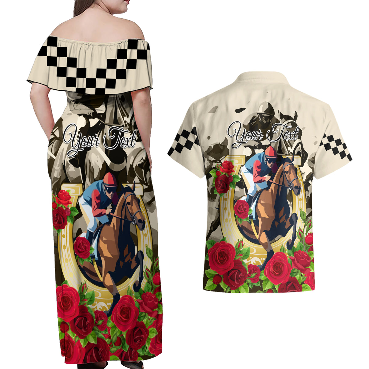 Kentucky Horse Racing Couples Matching Off Shoulder Maxi Dress and Hawaiian Shirt The Run for the Roses - Wonder Print Shop