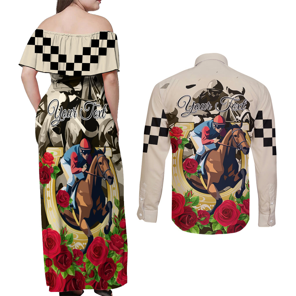 Kentucky Horse Racing Couples Matching Off Shoulder Maxi Dress and Long Sleeve Button Shirt The Run for the Roses - Wonder Print Shop