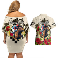Kentucky Horse Racing Couples Matching Off Shoulder Short Dress and Hawaiian Shirt The Run for the Roses - Wonder Print Shop