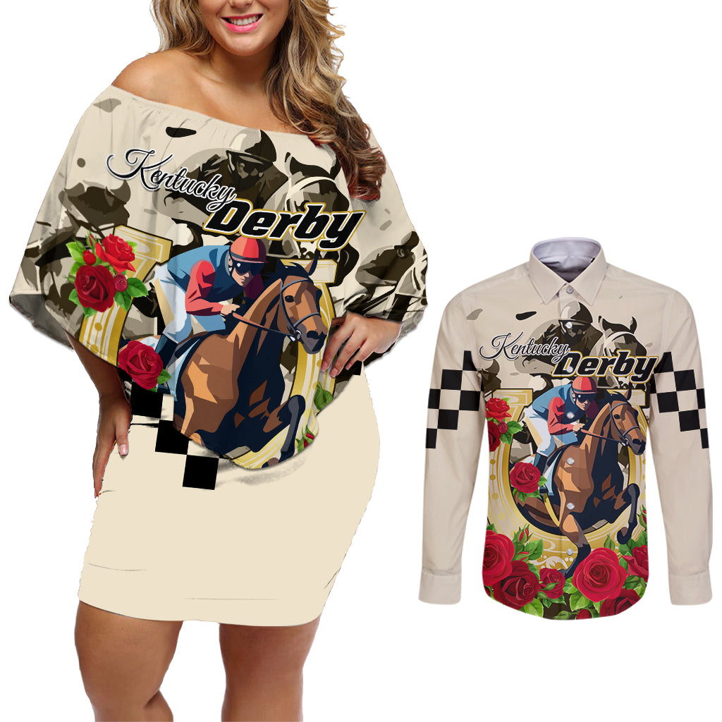 Kentucky Horse Racing Couples Matching Off Shoulder Short Dress and Long Sleeve Button Shirt The Run for the Roses - Wonder Print Shop