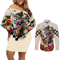 Kentucky Horse Racing Couples Matching Off Shoulder Short Dress and Long Sleeve Button Shirt The Run for the Roses - Wonder Print Shop