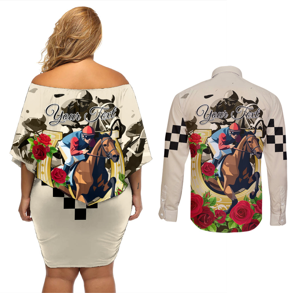 Kentucky Horse Racing Couples Matching Off Shoulder Short Dress and Long Sleeve Button Shirt The Run for the Roses - Wonder Print Shop