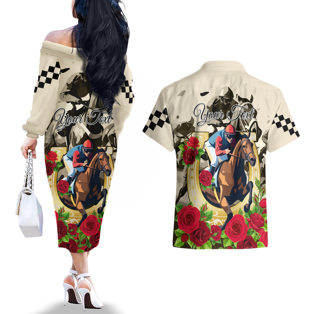 Kentucky Horse Racing Couples Matching Off The Shoulder Long Sleeve Dress and Hawaiian Shirt The Run for the Roses - Wonder Print Shop