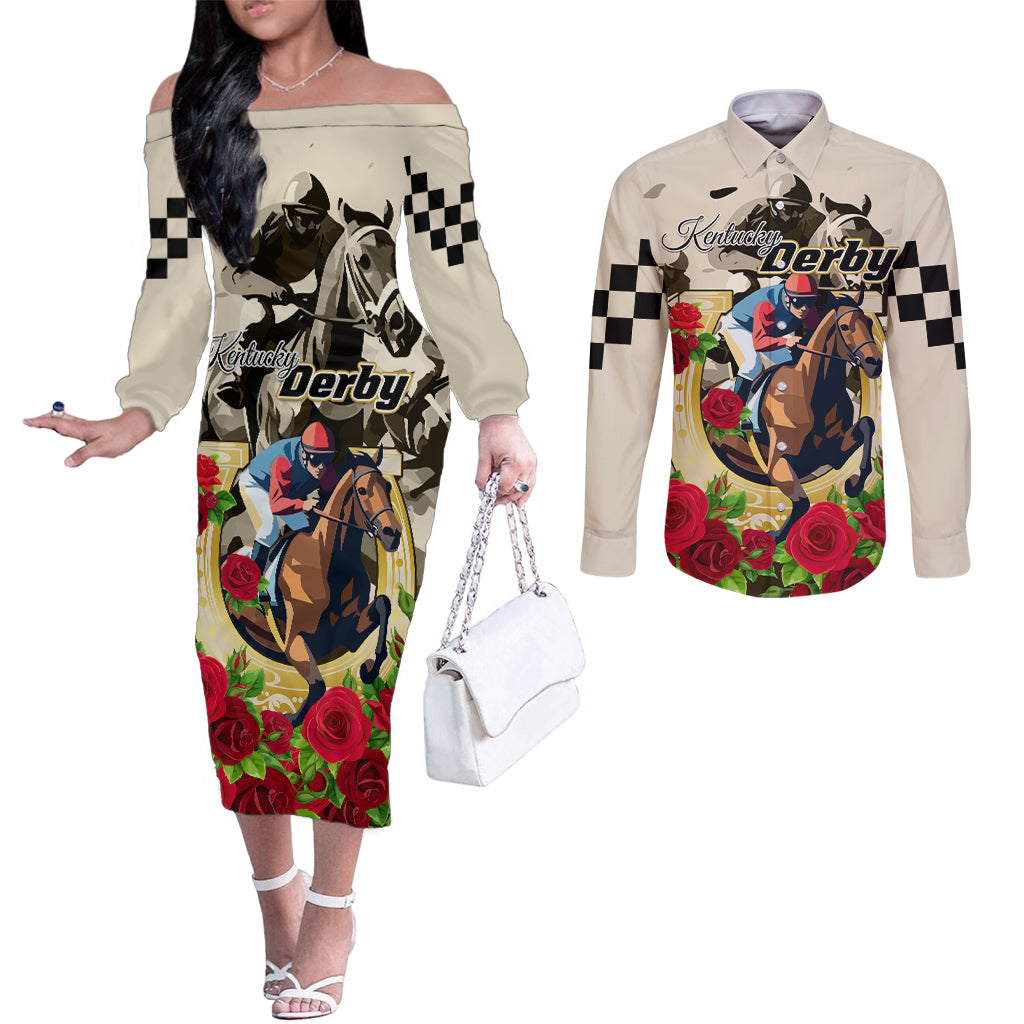Kentucky Derby Couples Matching Off The Shoulder Long Sleeve Dress and Long Sleeve Button Shirt The Run for the Roses