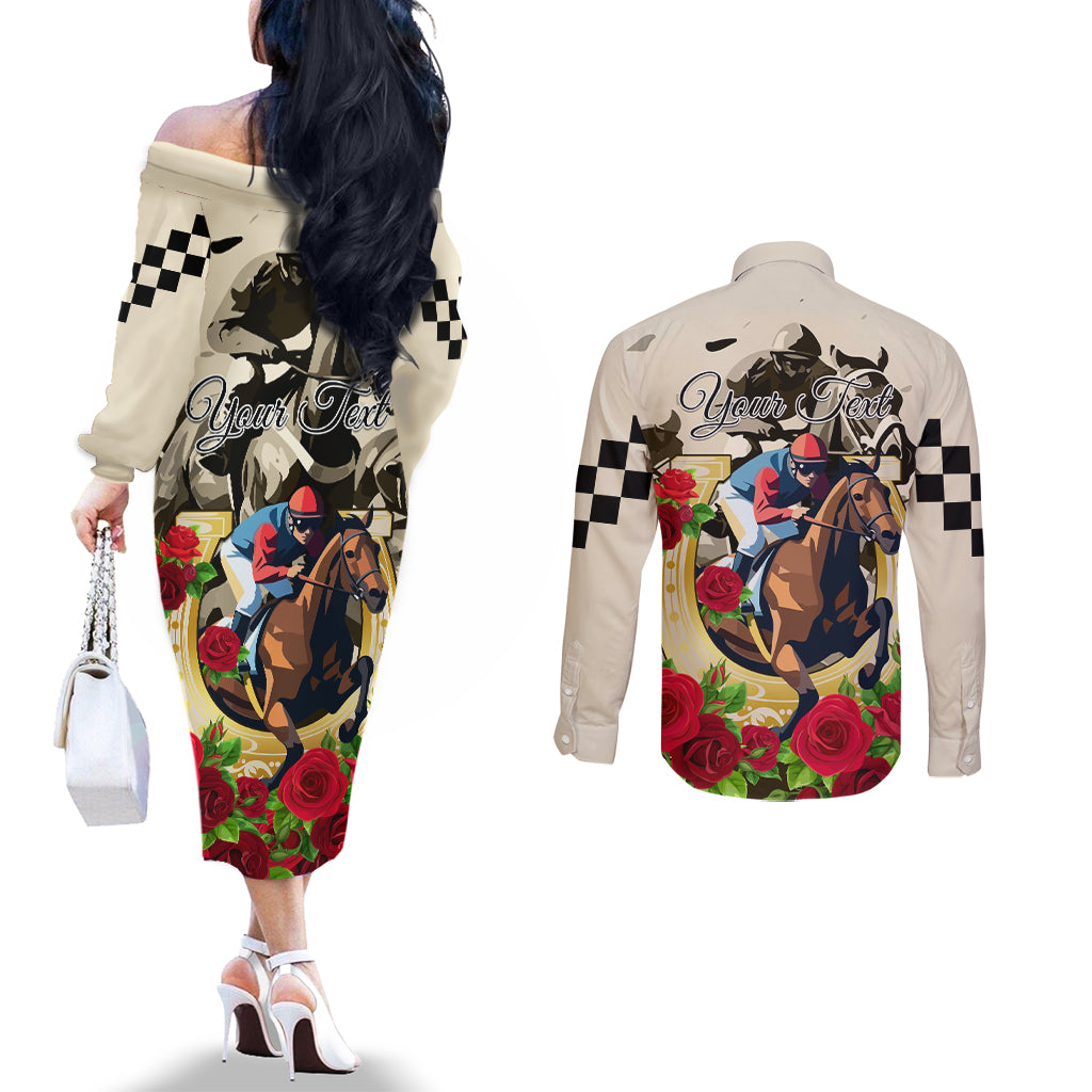 Kentucky Derby Couples Matching Off The Shoulder Long Sleeve Dress and Long Sleeve Button Shirt The Run for the Roses