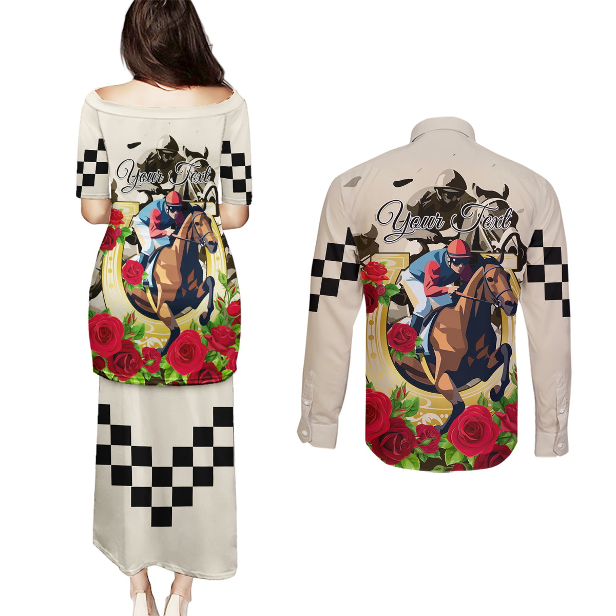Kentucky Horse Racing Couples Matching Puletasi and Long Sleeve Button Shirt The Run for the Roses - Wonder Print Shop