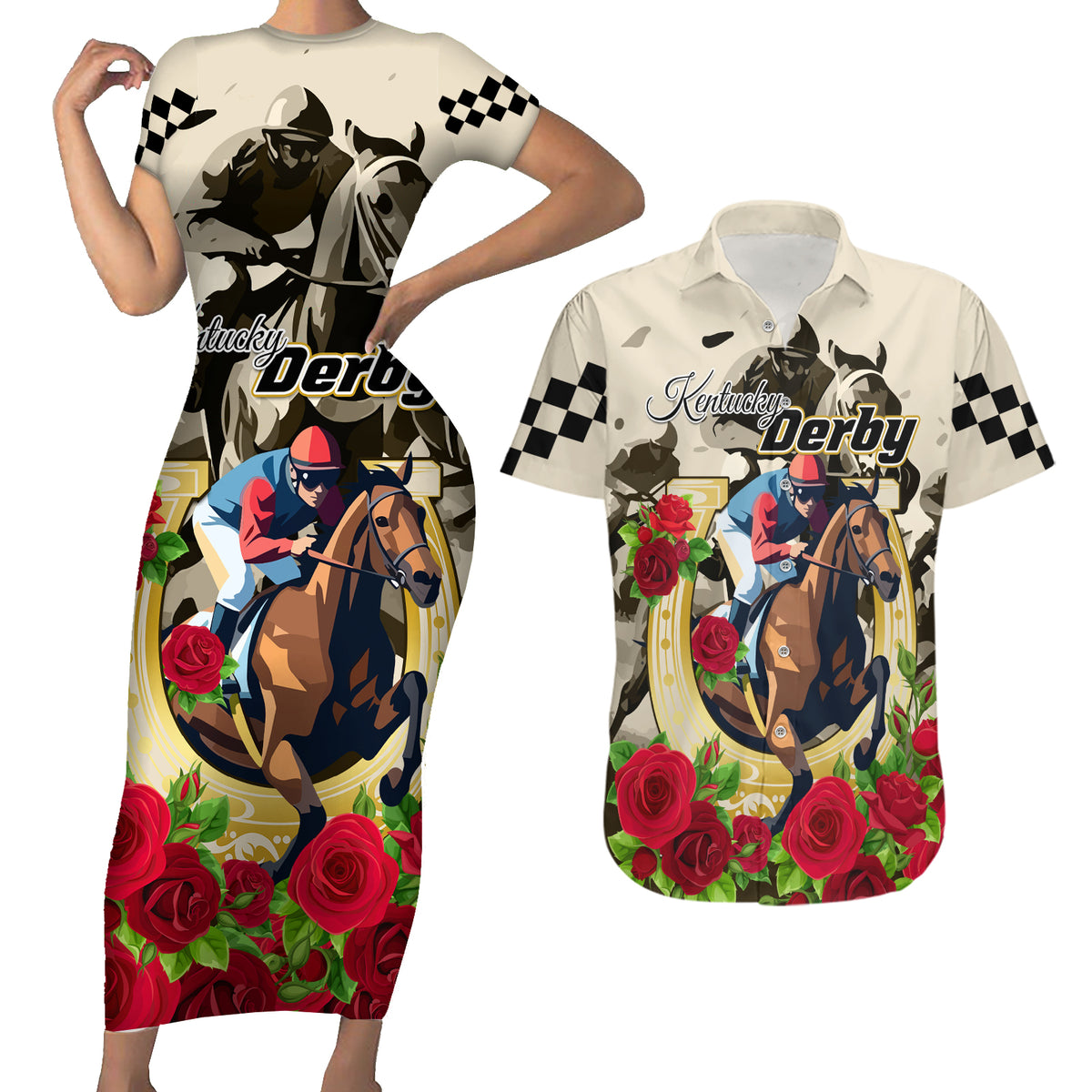 Kentucky Horse Racing Couples Matching Short Sleeve Bodycon Dress and Hawaiian Shirt The Run for the Roses - Wonder Print Shop