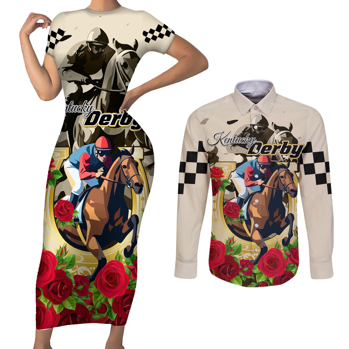 Kentucky Horse Racing Couples Matching Short Sleeve Bodycon Dress and Long Sleeve Button Shirt The Run for the Roses - Wonder Print Shop