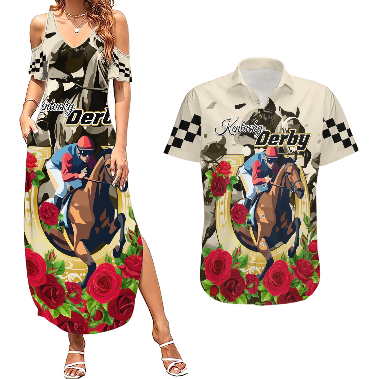 Kentucky Horse Racing Couples Matching Summer Maxi Dress and Hawaiian Shirt The Run for the Roses - Wonder Print Shop
