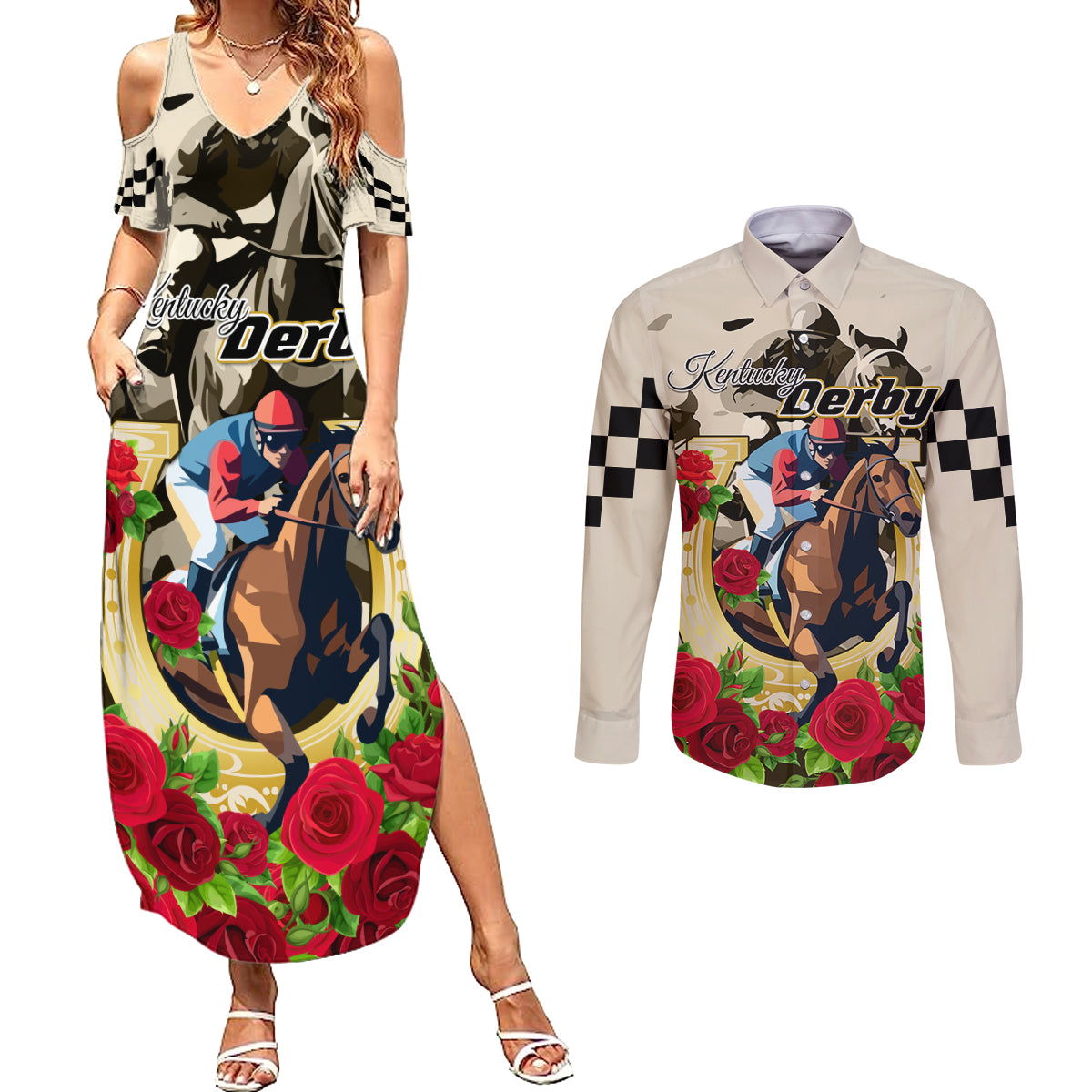 Kentucky Horse Racing Couples Matching Summer Maxi Dress and Long Sleeve Button Shirt The Run for the Roses - Wonder Print Shop