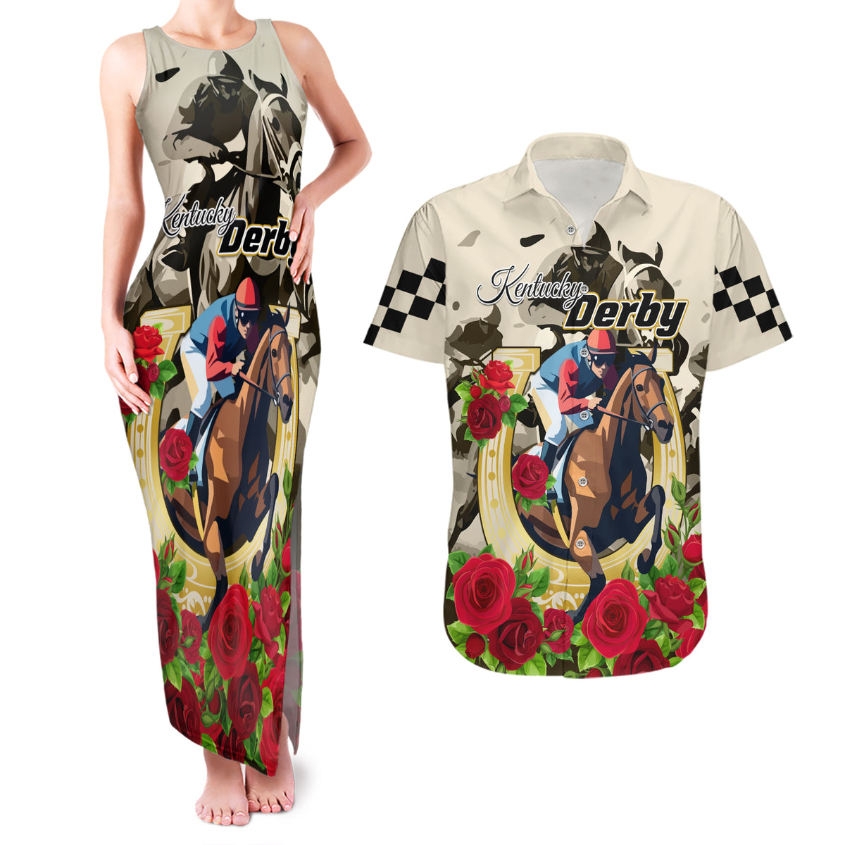 Kentucky Horse Racing Couples Matching Tank Maxi Dress and Hawaiian Shirt The Run for the Roses - Wonder Print Shop