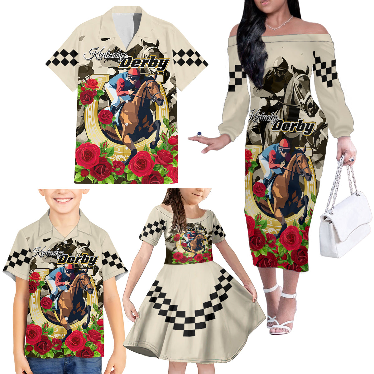 Kentucky Horse Racing Family Matching Off Shoulder Long Sleeve Dress and Hawaiian Shirt The Run for the Roses - Wonder Print Shop