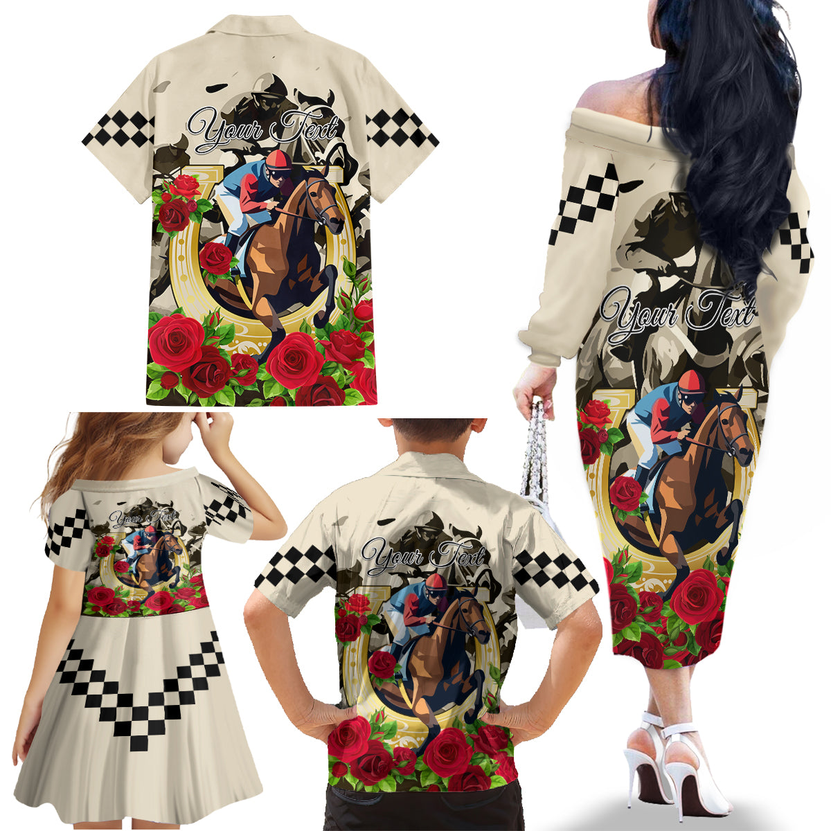 Kentucky Horse Racing Family Matching Off Shoulder Long Sleeve Dress and Hawaiian Shirt The Run for the Roses - Wonder Print Shop