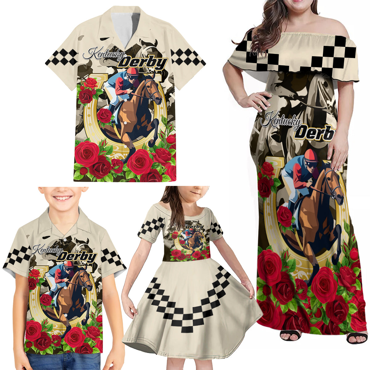 Kentucky Horse Racing Family Matching Off Shoulder Maxi Dress and Hawaiian Shirt The Run for the Roses - Wonder Print Shop