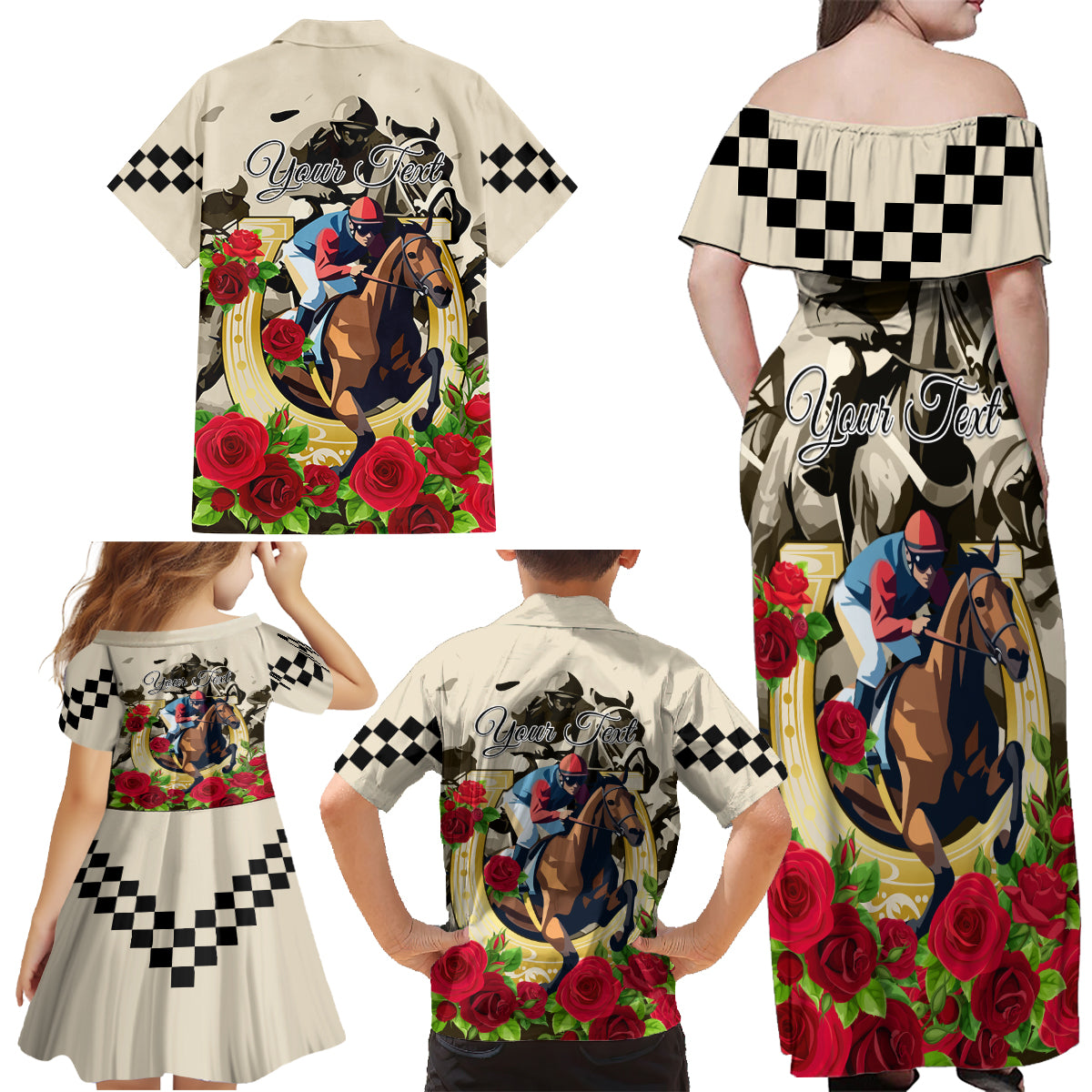Kentucky Horse Racing Family Matching Off Shoulder Maxi Dress and Hawaiian Shirt The Run for the Roses - Wonder Print Shop