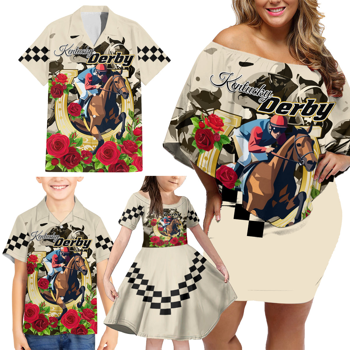 Kentucky Horse Racing Family Matching Off Shoulder Short Dress and Hawaiian Shirt The Run for the Roses - Wonder Print Shop