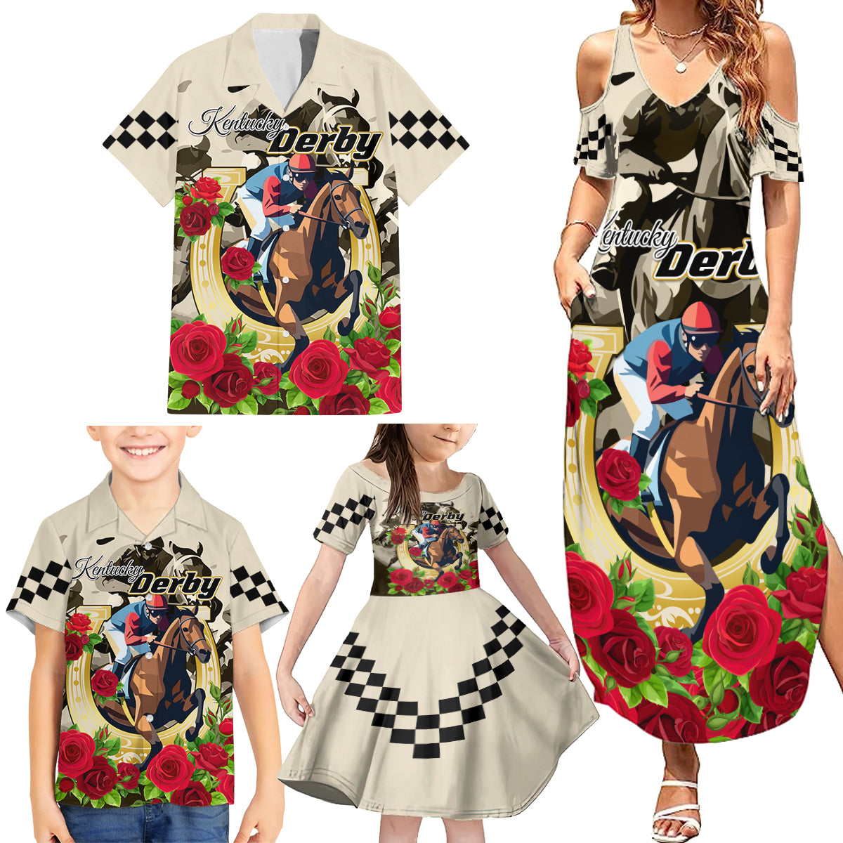Kentucky Horse Racing Family Matching Summer Maxi Dress and Hawaiian Shirt The Run for the Roses - Wonder Print Shop