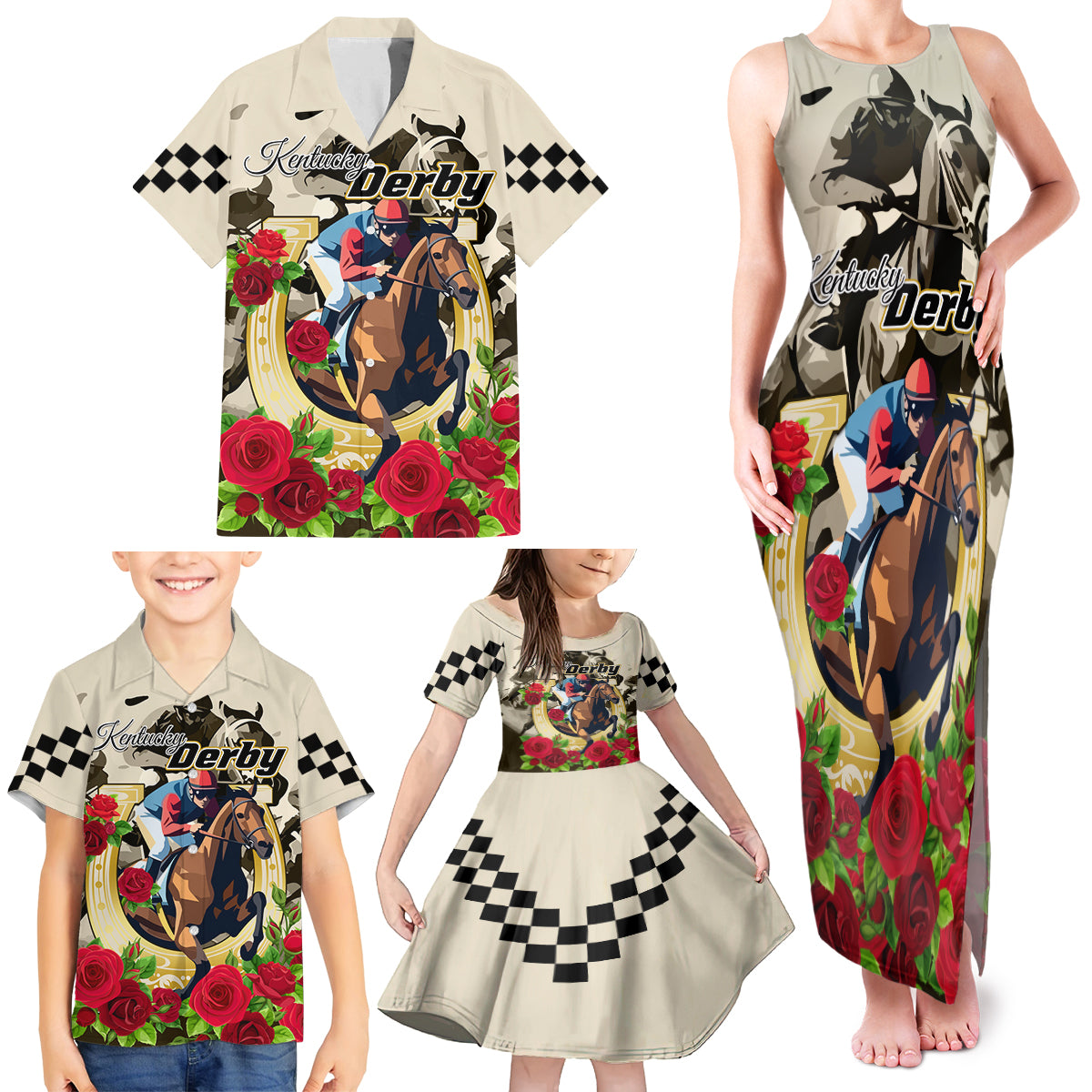 Kentucky Horse Racing Family Matching Tank Maxi Dress and Hawaiian Shirt The Run for the Roses - Wonder Print Shop