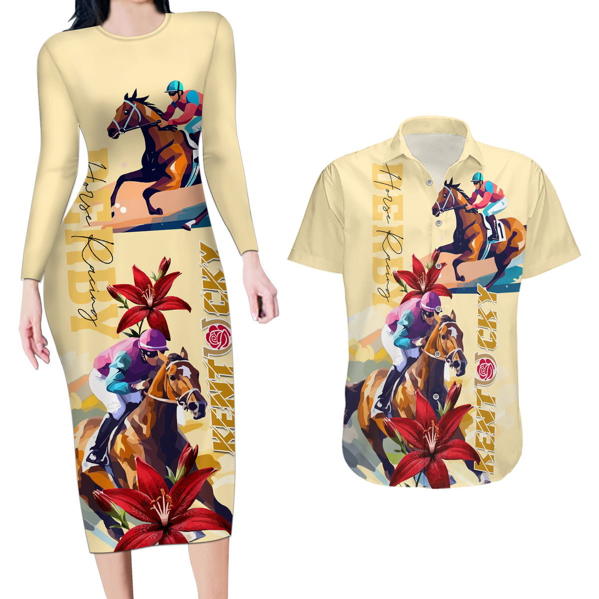 Kentucky Couples Matching Long Sleeve Bodycon Dress and Hawaiian Shirt Horse Racing Lily Stargazer - Wonder Print Shop