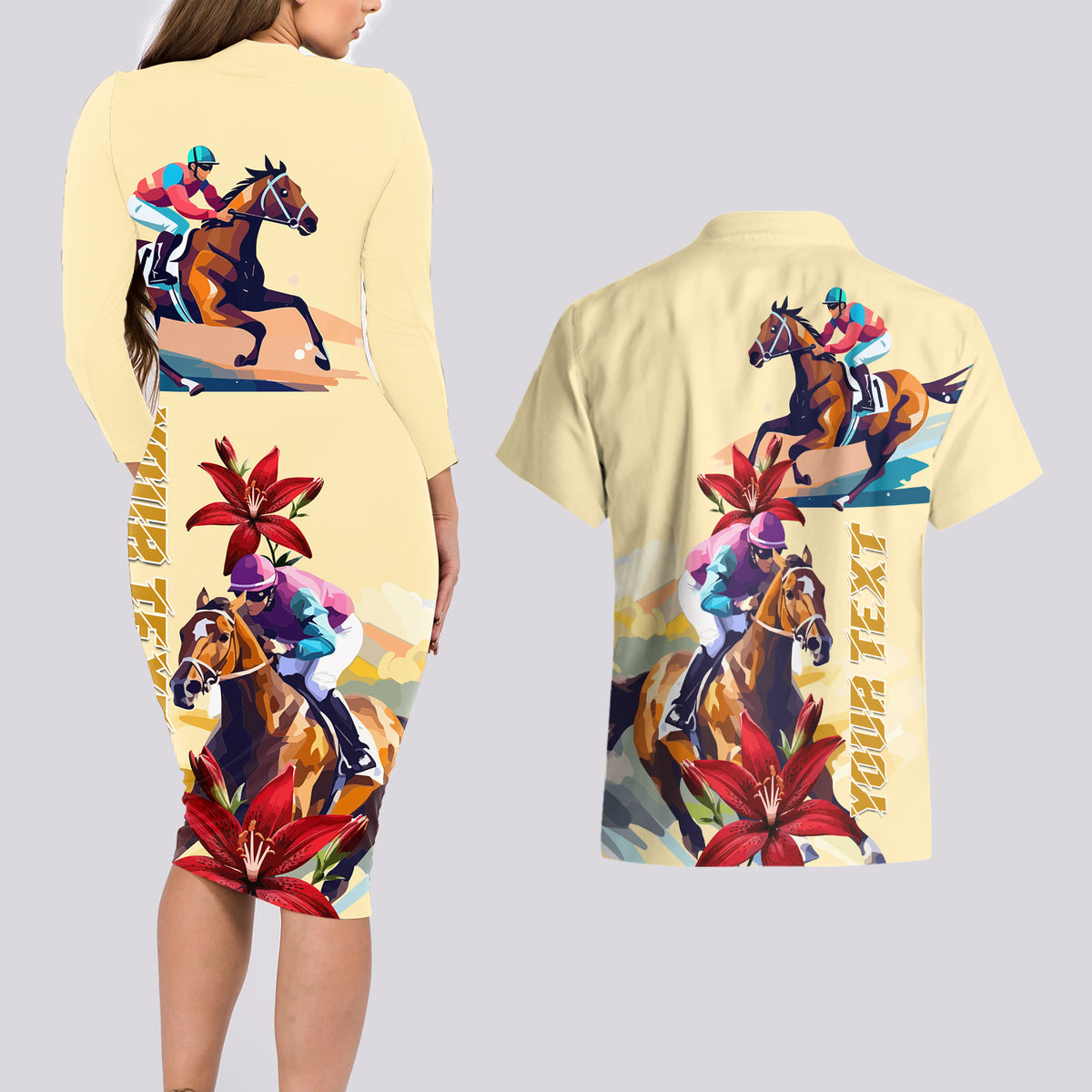 Kentucky Couples Matching Long Sleeve Bodycon Dress and Hawaiian Shirt Horse Racing Lily Stargazer - Wonder Print Shop