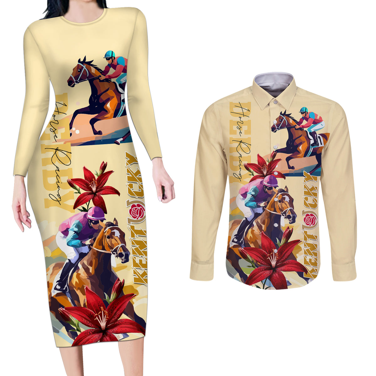 Kentucky Couples Matching Long Sleeve Bodycon Dress and Long Sleeve Button Shirt Horse Racing Lily Stargazer - Wonder Print Shop