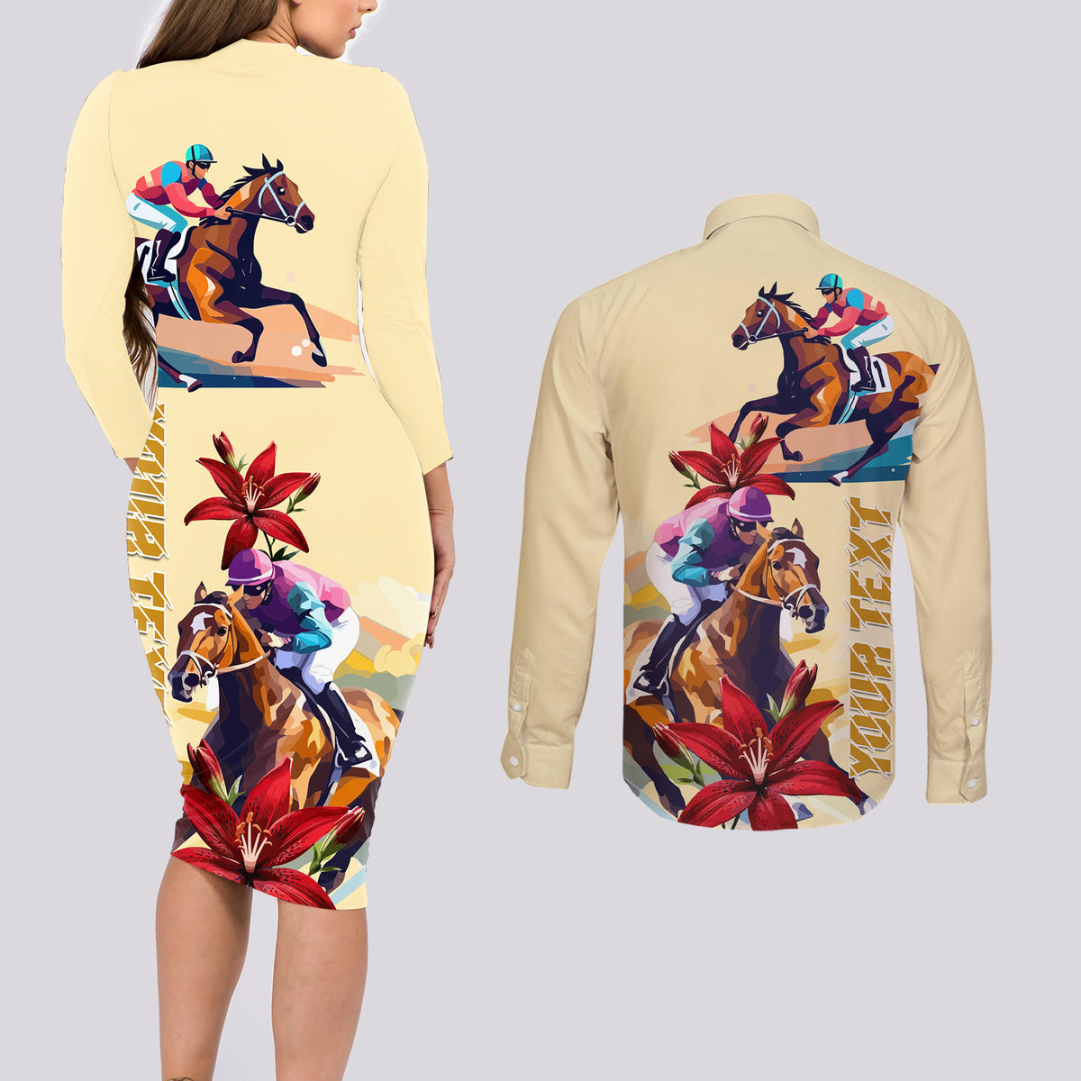 Kentucky Couples Matching Long Sleeve Bodycon Dress and Long Sleeve Button Shirt Horse Racing Lily Stargazer - Wonder Print Shop