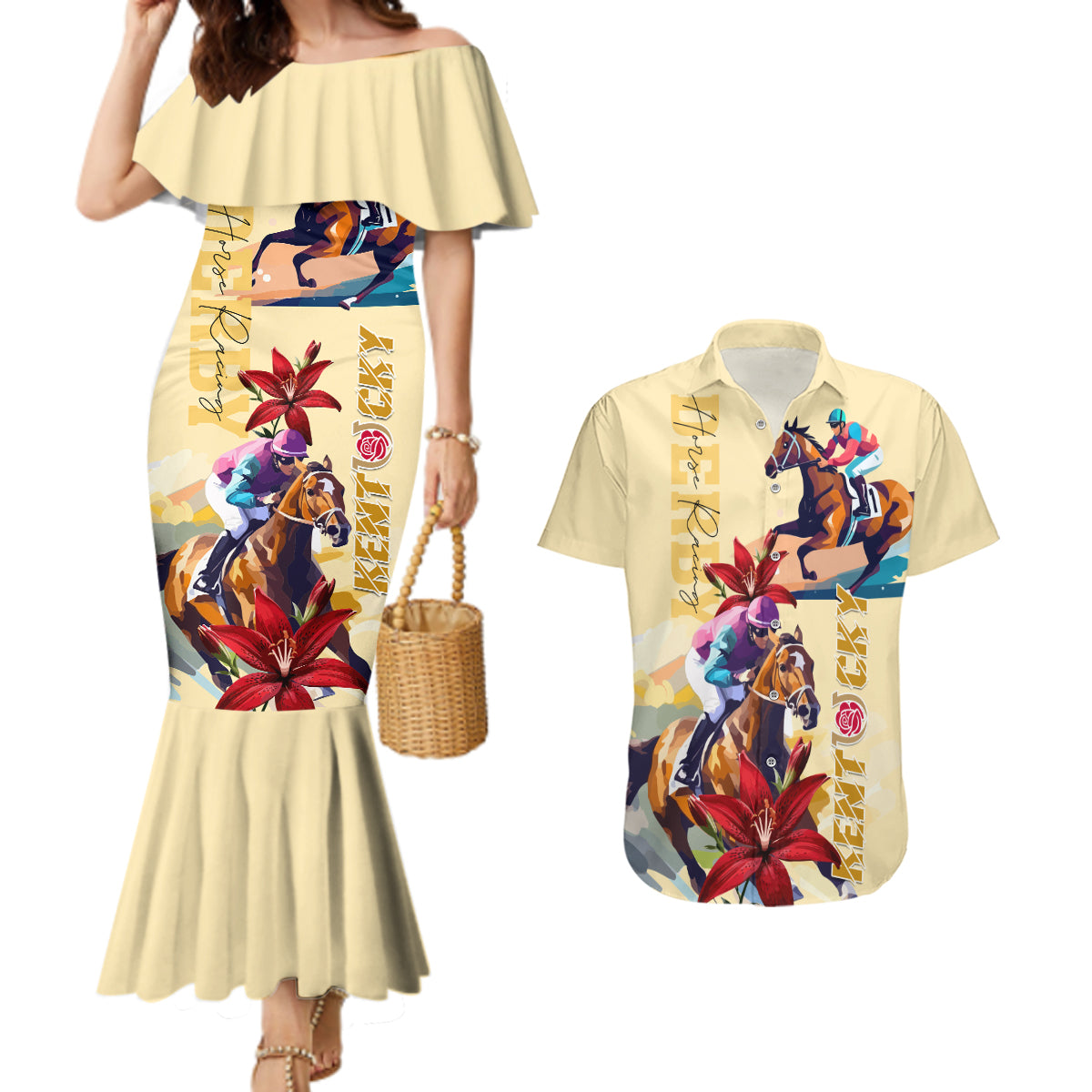 Kentucky Couples Matching Mermaid Dress and Hawaiian Shirt Horse Racing Lily Stargazer - Wonder Print Shop