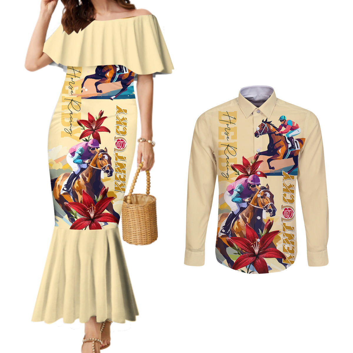 Kentucky Derby Couples Matching Mermaid Dress and Long Sleeve Button Shirt Horse Racing Lily Stargazer