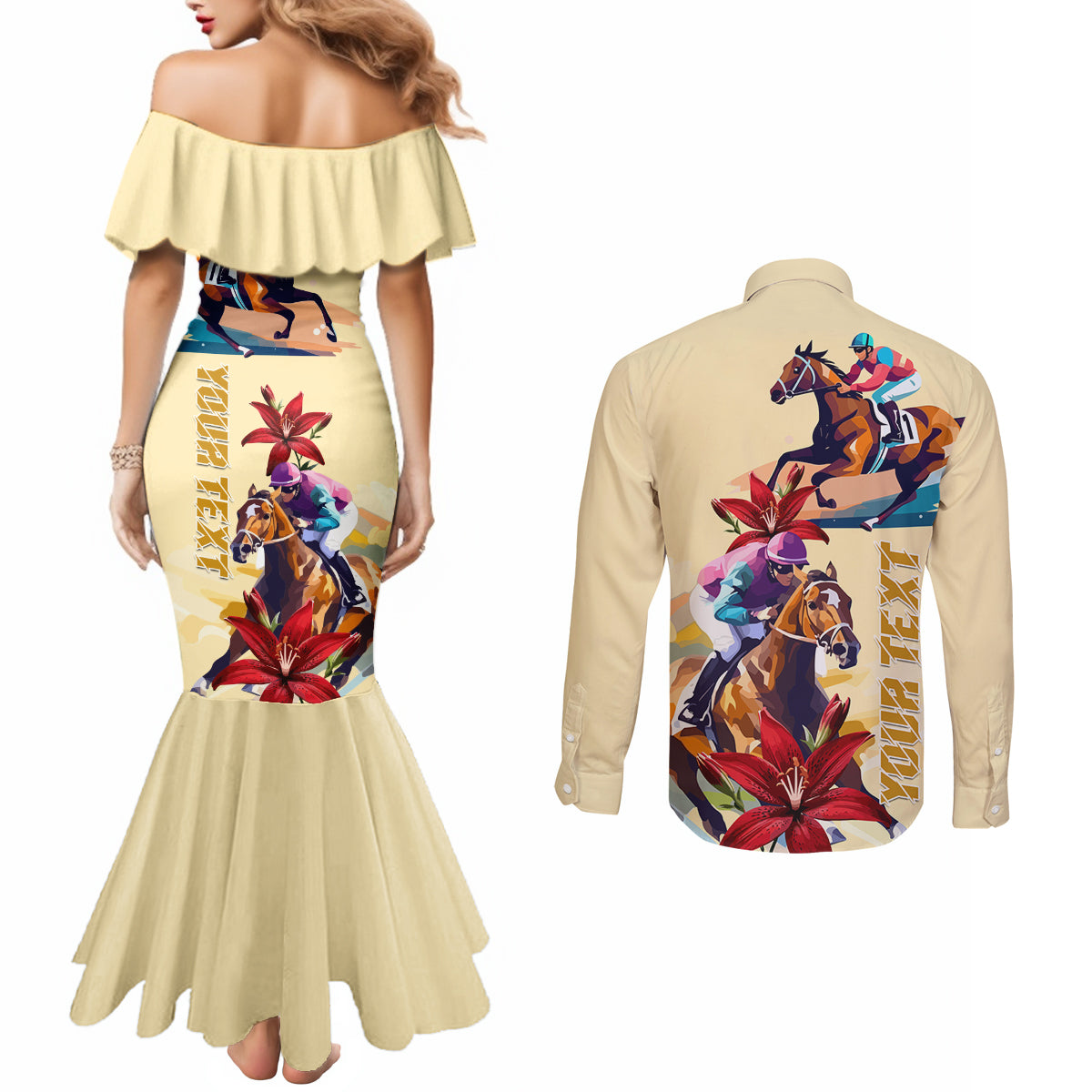 Kentucky Derby Couples Matching Mermaid Dress and Long Sleeve Button Shirt Horse Racing Lily Stargazer