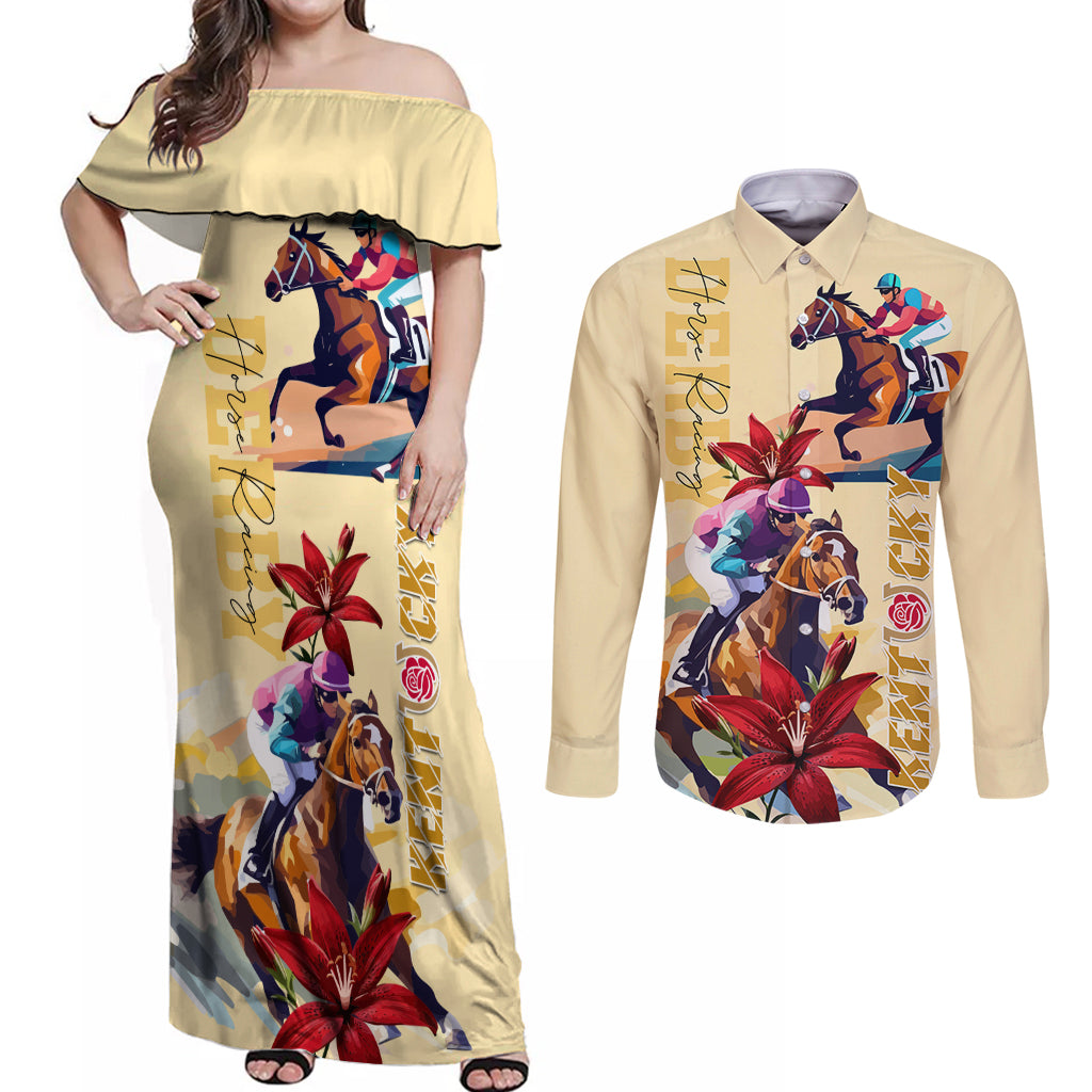 Kentucky Couples Matching Off Shoulder Maxi Dress and Long Sleeve Button Shirt Horse Racing Lily Stargazer - Wonder Print Shop