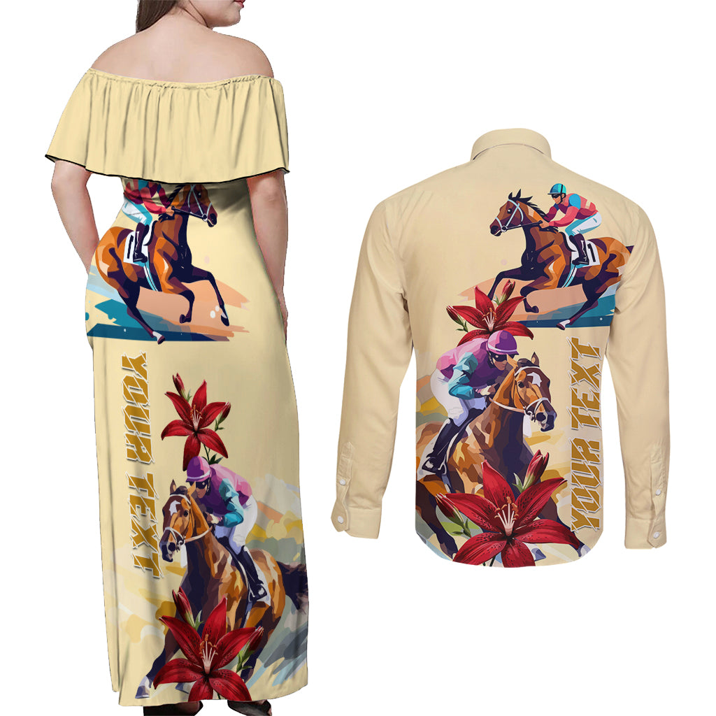 Kentucky Couples Matching Off Shoulder Maxi Dress and Long Sleeve Button Shirt Horse Racing Lily Stargazer - Wonder Print Shop
