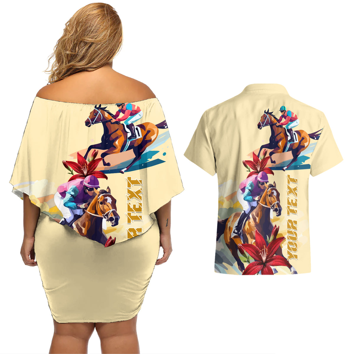 Kentucky Couples Matching Off Shoulder Short Dress and Hawaiian Shirt Horse Racing Lily Stargazer - Wonder Print Shop