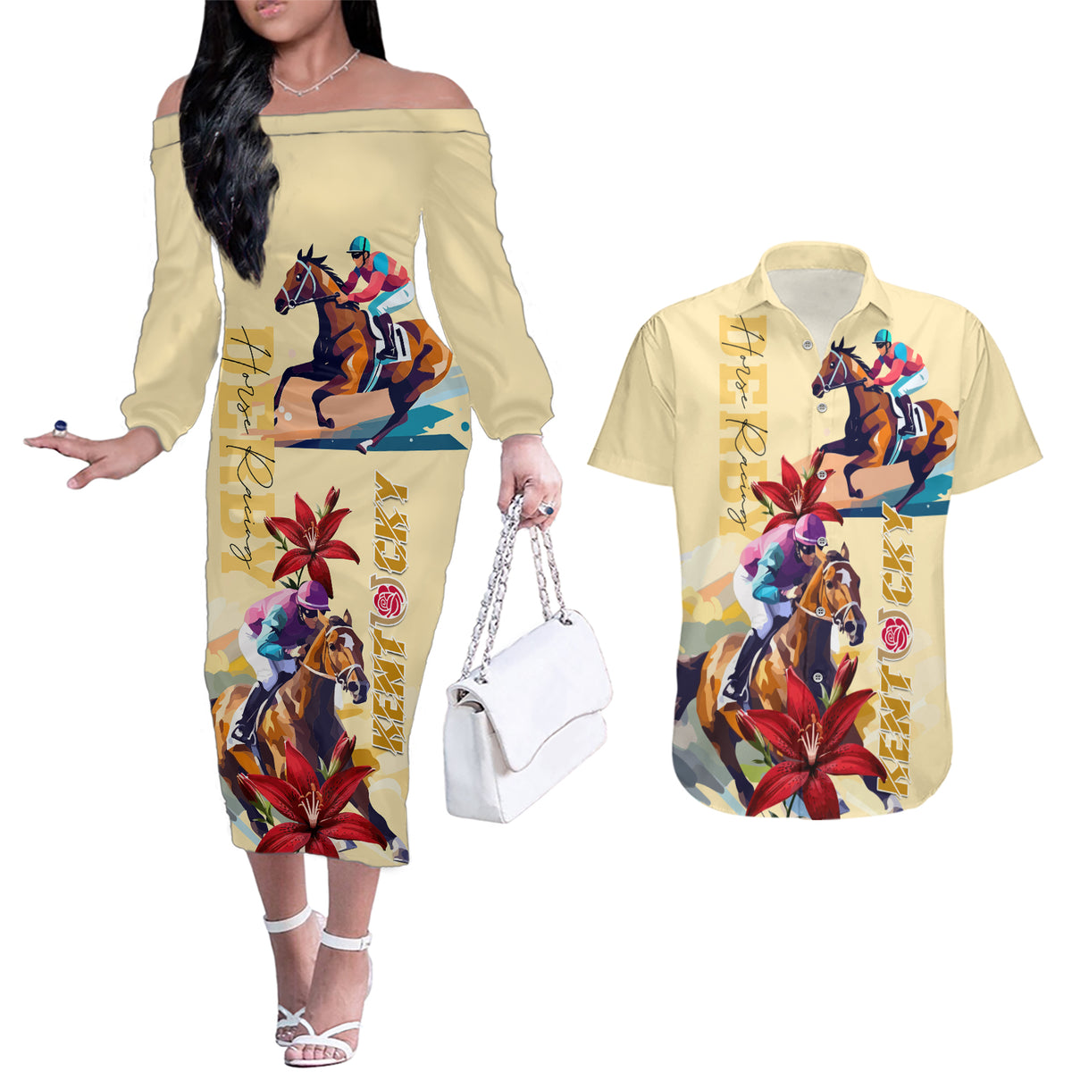 Kentucky Couples Matching Off The Shoulder Long Sleeve Dress and Hawaiian Shirt Horse Racing Lily Stargazer - Wonder Print Shop